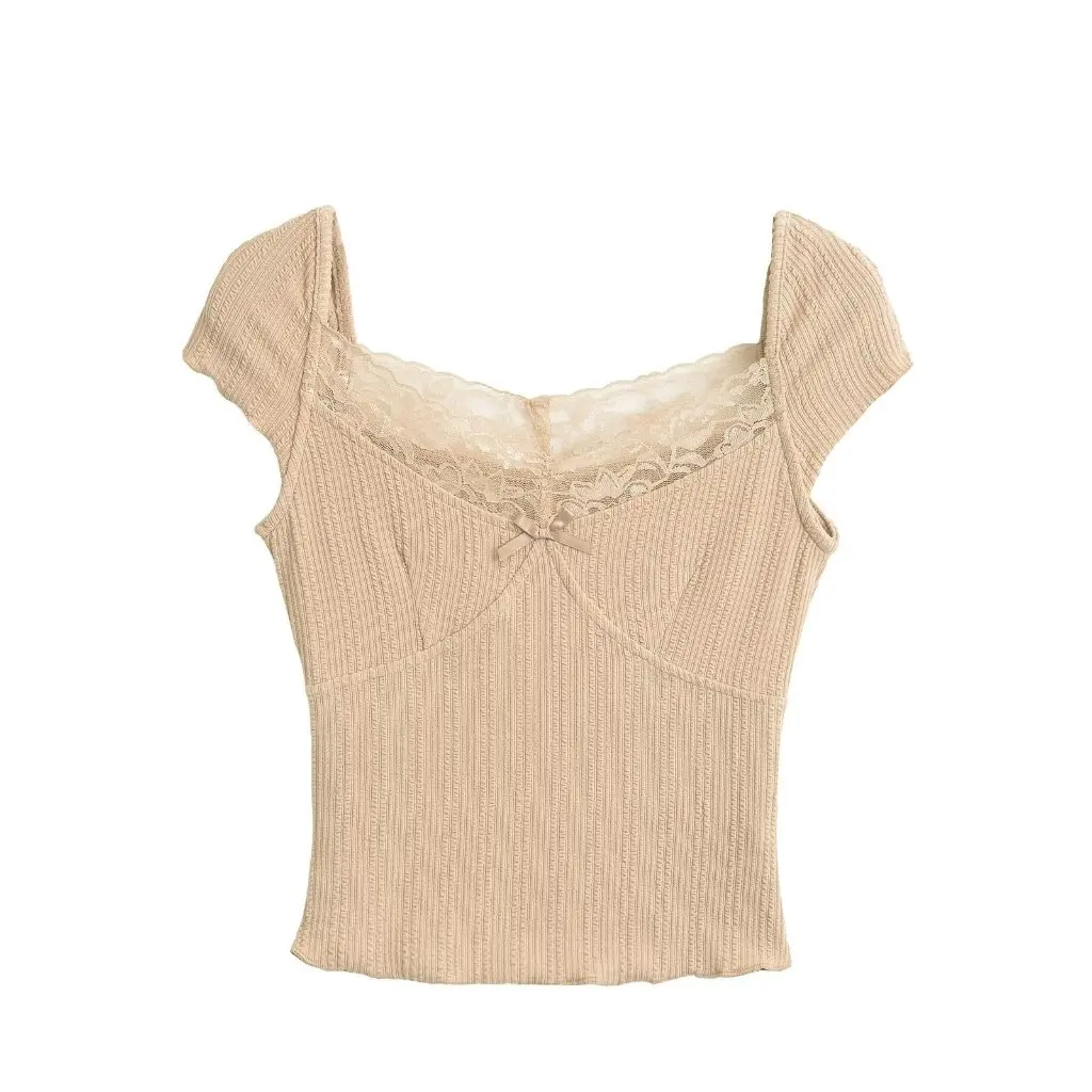 

Women's Bow Lace Short-Sleeved T-shirt Slim-fit Shoulder Top Pure Color Summer New Style Girl's Fashion Top