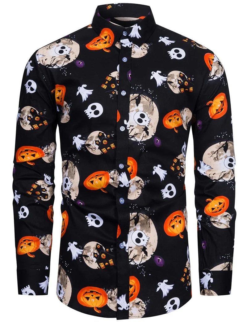 Halloween Long Sleeve Shirts Men\'s Pumpkin Head Printed Shirt Trend Party Clothing 2023 New Men\'s Street Leisure Long Sleeve Top