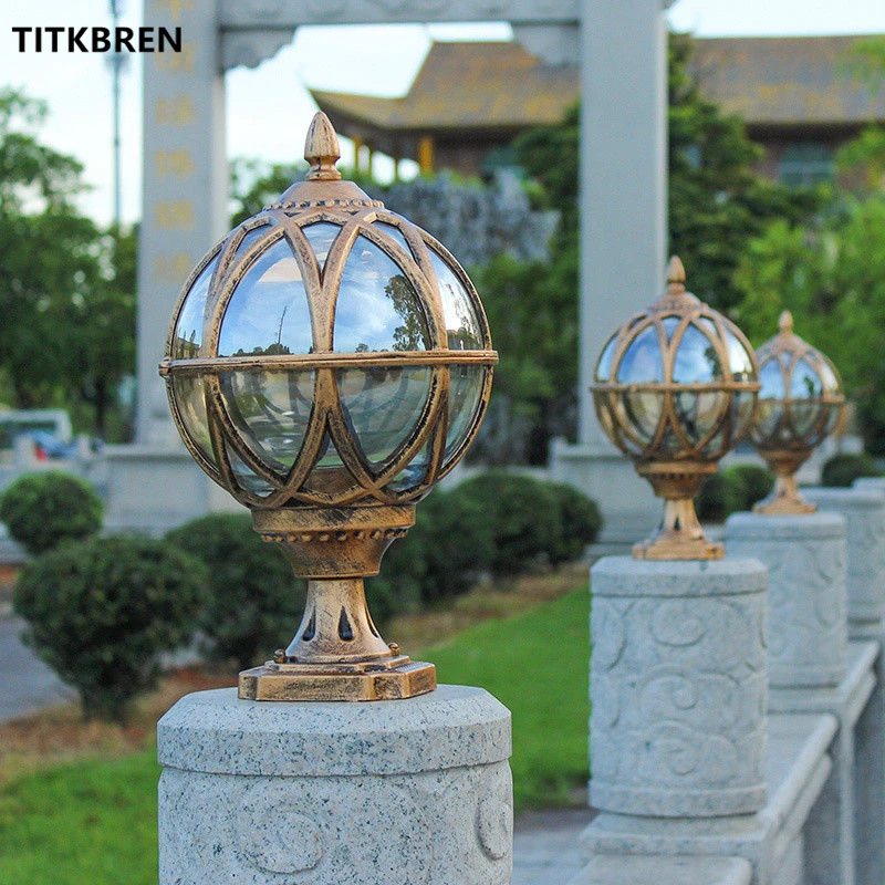 Tea Glass Globe Waterproof Outdoor Garden Post Lighting Aluminum Yard Landscape Lamp Door Pillar Fixtures