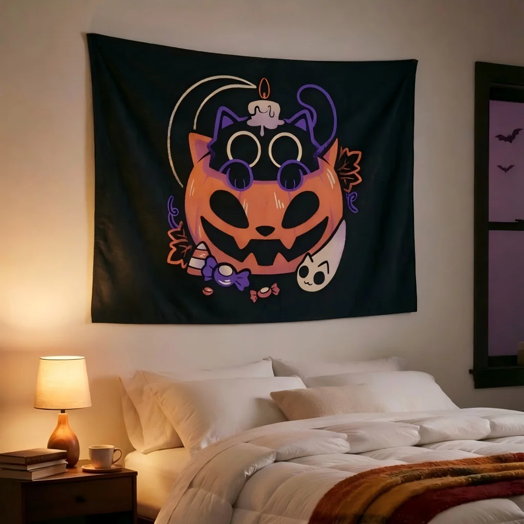 Halloween Pumpkin Black Cat Tapestry Cute Ghost Candy Candle Wall Hanging Spooky Kawaii Aesthetic Holiday Bedroom Dorm