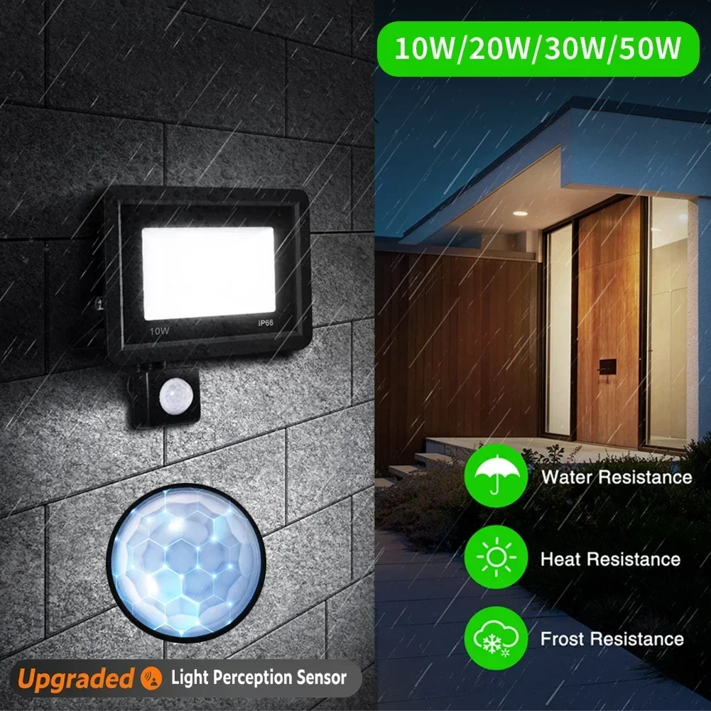 Lampu sorot LED Sensor gerak, lampu dinding luar ruangan lampu putih 50W 30W 20W 10W IP66 tahan air LED untuk taman