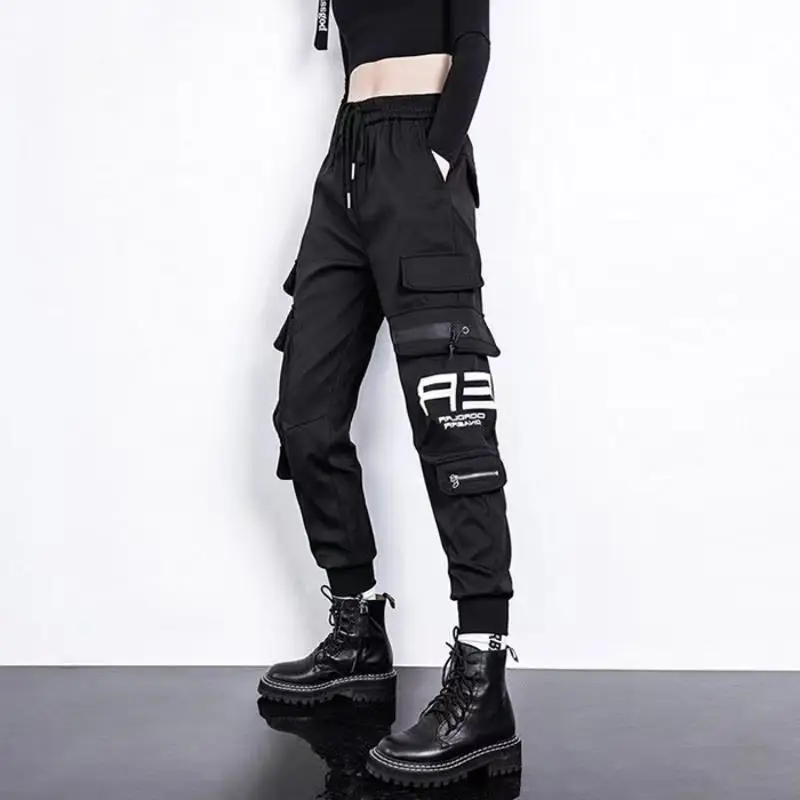 

New Women Cargo Pants Ins Harem Pants Fashion Punk Pockets Jogger Trousers Chain Harajuku Elastics High Waist Streetwear 420