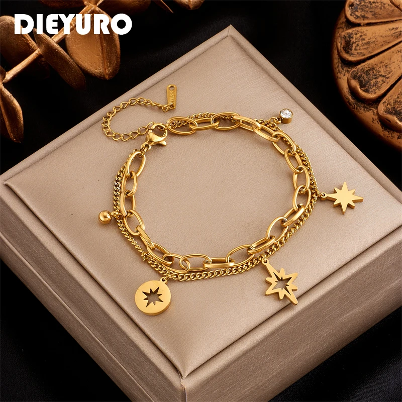 DIEYURO 316L Stainless Steel 2-layer Hollow Out Stars Bracelet For Women Vintage Men Charm Wrist Jewelry Party Birthday Gifts