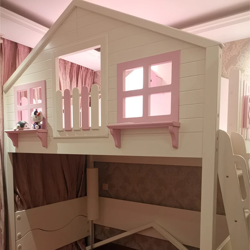 Casa del árbol cama de madera maciza para niños, escritorio, litera integrada, con armario, cama de combinación multifuncional, cama y Mesa