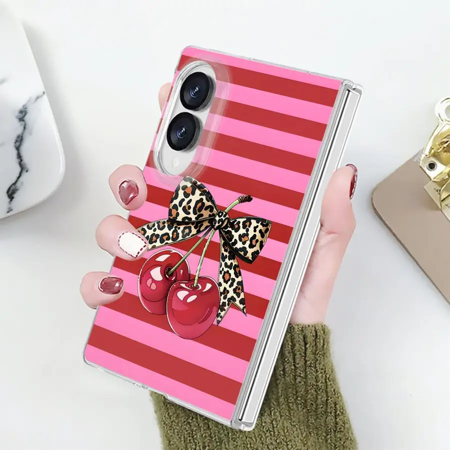 Striped Cherry Bow Case for Samsung Galaxy Z Fold 8 ZFold 8 PC Hard Luxury ZFold8 Transparent Phone Cover