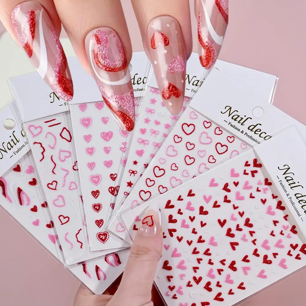 1 Stück 3D Glitzer Herz/Schleife Nagelkunst-Aufkleber Rot/Rosa Geschwungene Linien Streifen Selbstklebende Slider Süße Dating-Maniküre-Abziehbilder