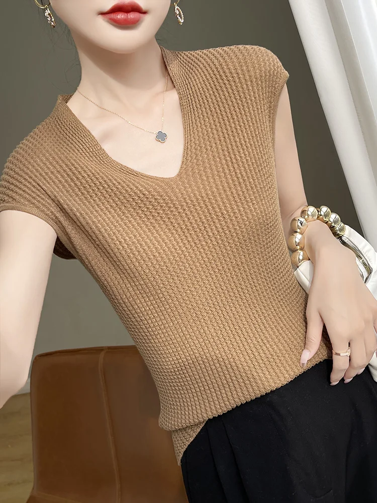 

Slim Fit V-Ne Knitted ort Sve T-irt Women's Fine Spun Thin Sle Pure Color Svel Vest Top Commute Sle Soft F...