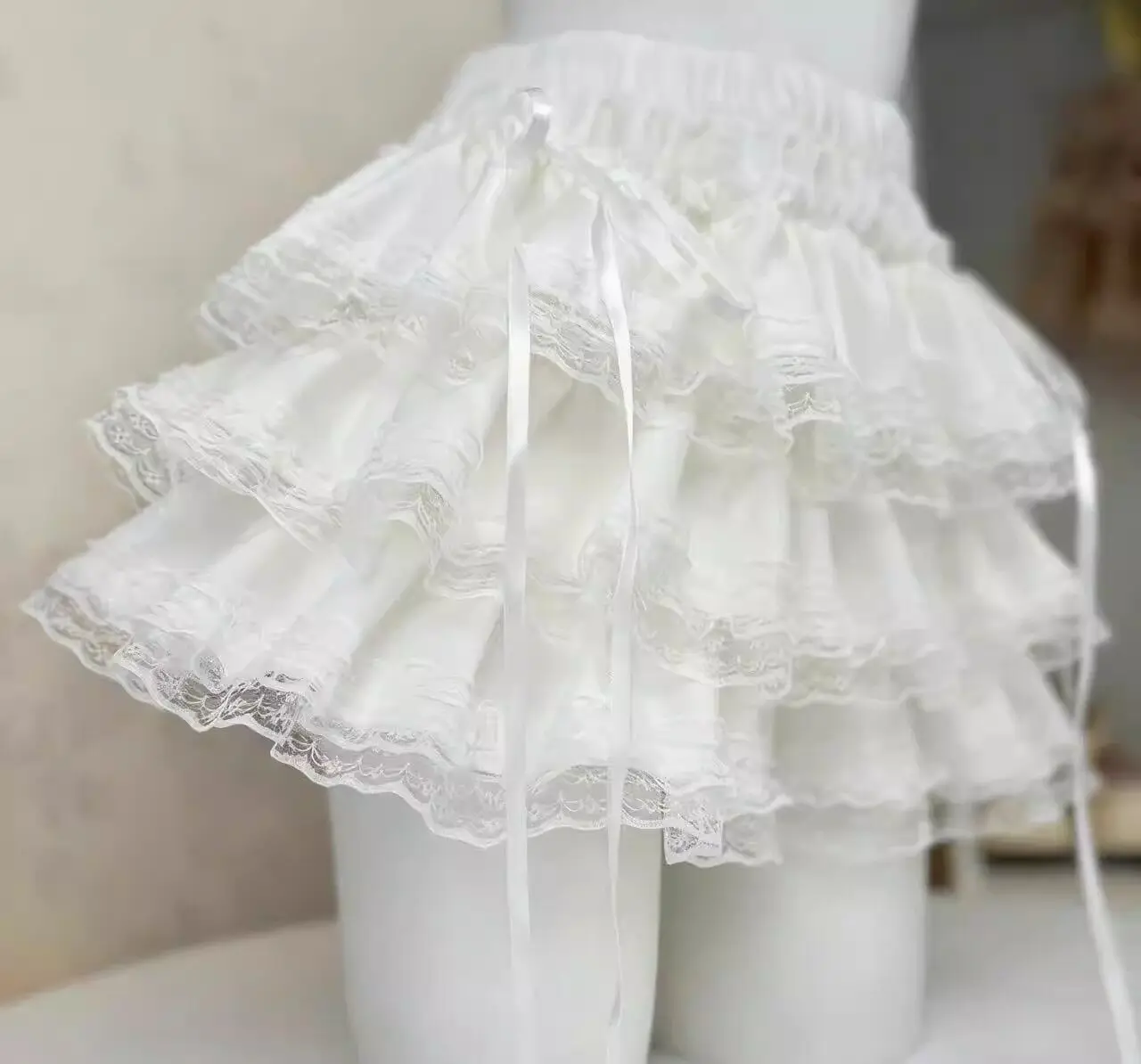 Women Ruffle Mini Skirt with Lace Bow Built-in Shorts Y2K Coquette Lolita Balletcore Tiered Ruffles Short Skort