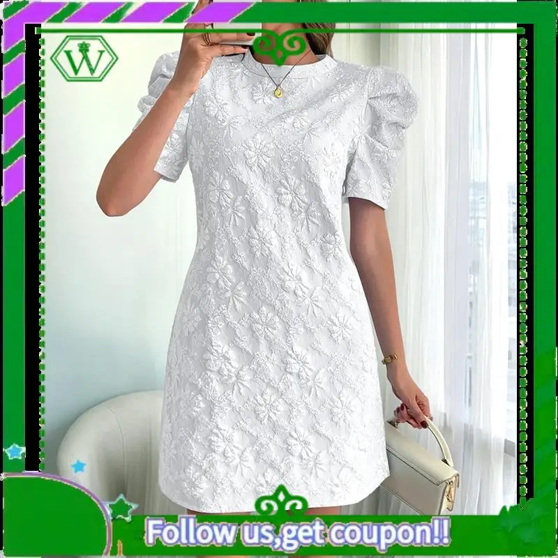 A18P-Women's Floral Puff Short Sleeve Mini Dress High Waist Summer Boho Short Dresses