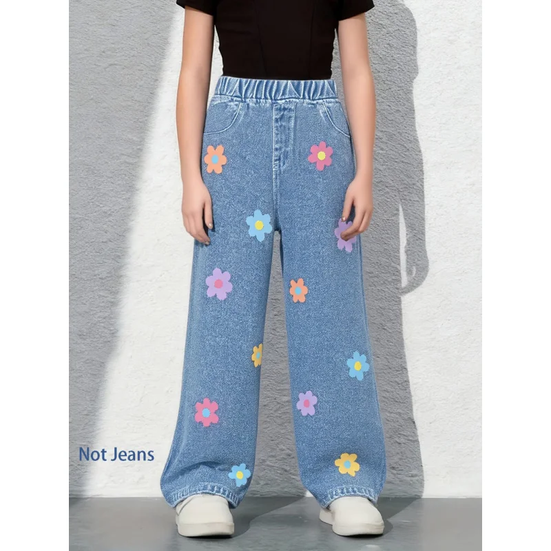 2025Girls Floral Print High Waist Elastic Waist Loose Wide Leg Faux Jeans Kids Y2K Casual Faux Jeans
