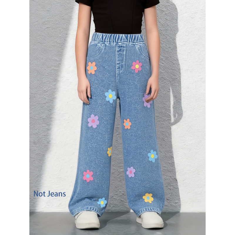  2025Girls Floral Print High Waist Elastic Waist Loose Wide Leg Faux Jeans Kids Y2K Casual Faux Jeans 