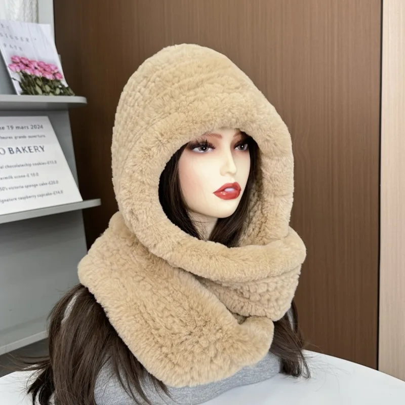 Real Rex Rabbit Fur Hat Fashion Fur Scarf Hat Winter Warm Thickened Natural Fur Hat  Winter Fashion Fur Hat With Neck Scarves