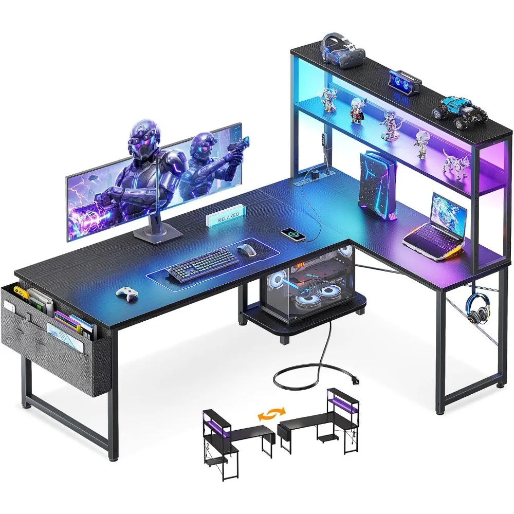 53" L-Shaped Gaming Desk: LED Lighting, Storage Shelves, Outlets, Headset Hook, Gear Bag, Reversible for Home Office Use