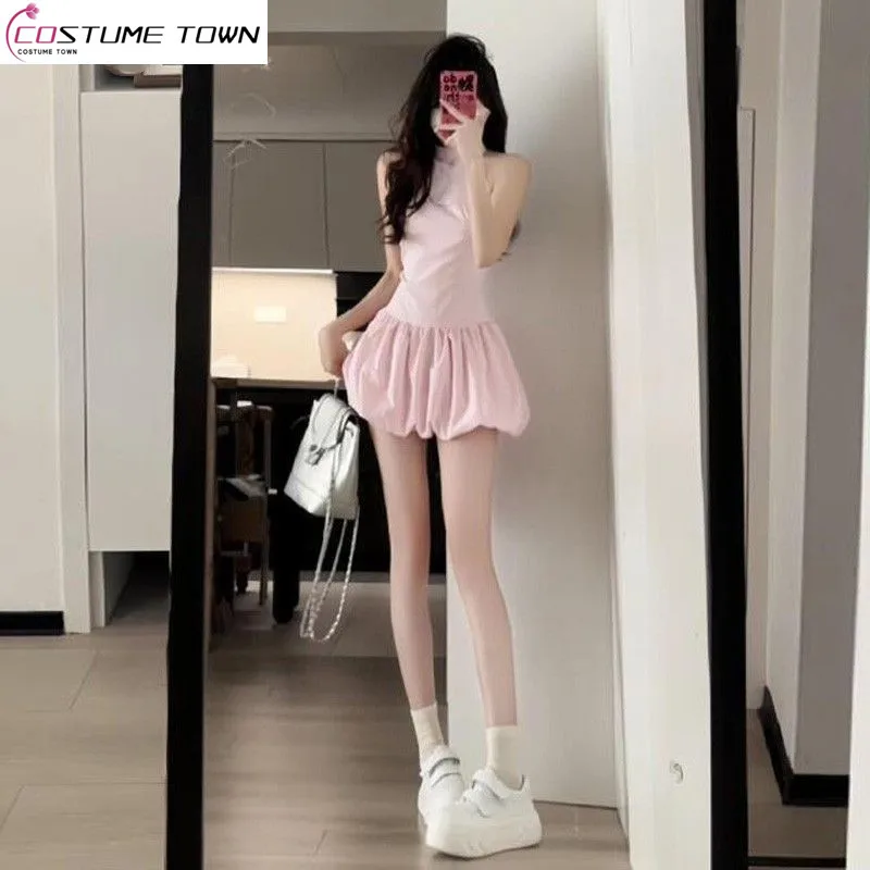 

2025 Spring and Summer New Women's Sweet and Pink Sleeveless Hanging Neck Dress