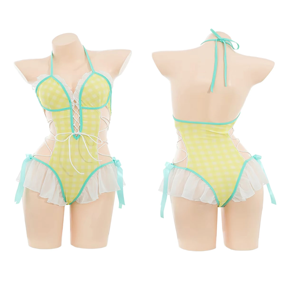 

Sexy Bunny Ear Roleplay Lingerie Set with Plaid Bodysuit and Ruffled Skirt Halter Backless Erotic Outfit for Women Nightwear