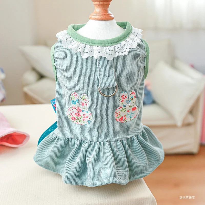 1PC Pet Clothing Cat Dog Spring and Autumn Thin Green Rabbit Princess Dress with Towing Strap, Suitable for Small and Medium Dog