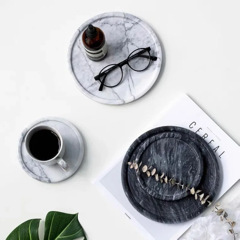 Nordic Ins Style Circular Black and White Natural Marble Tray with Grooves for Home Jewelry and Cosmetics Display