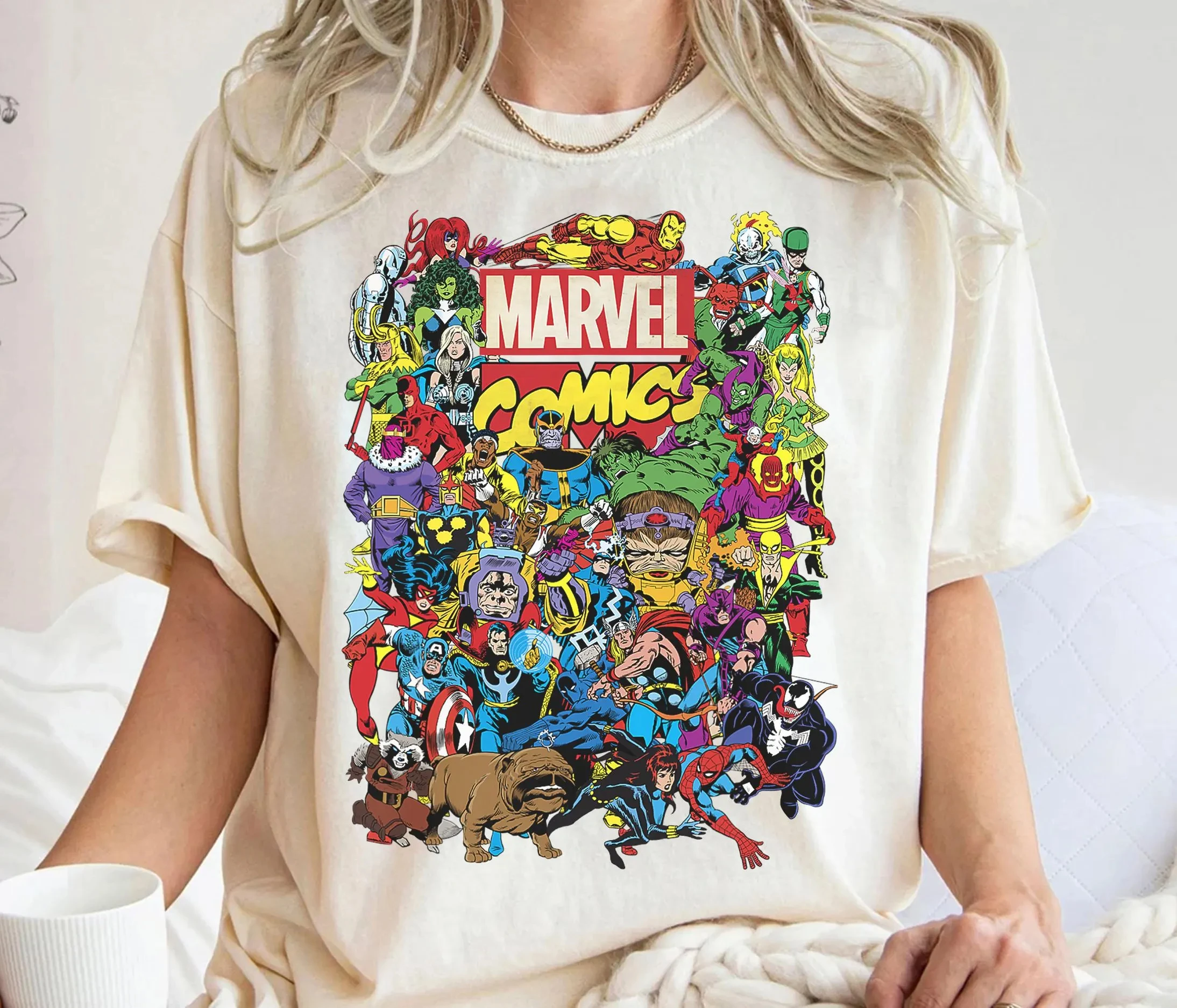 마블 코믹스 슈퍼히어로 그룹 샷 그래픽 티셔츠 캡틴 아메리카 스파이더맨 헐크 토르 셔츠 마블 패밀리 파티 선물 2025