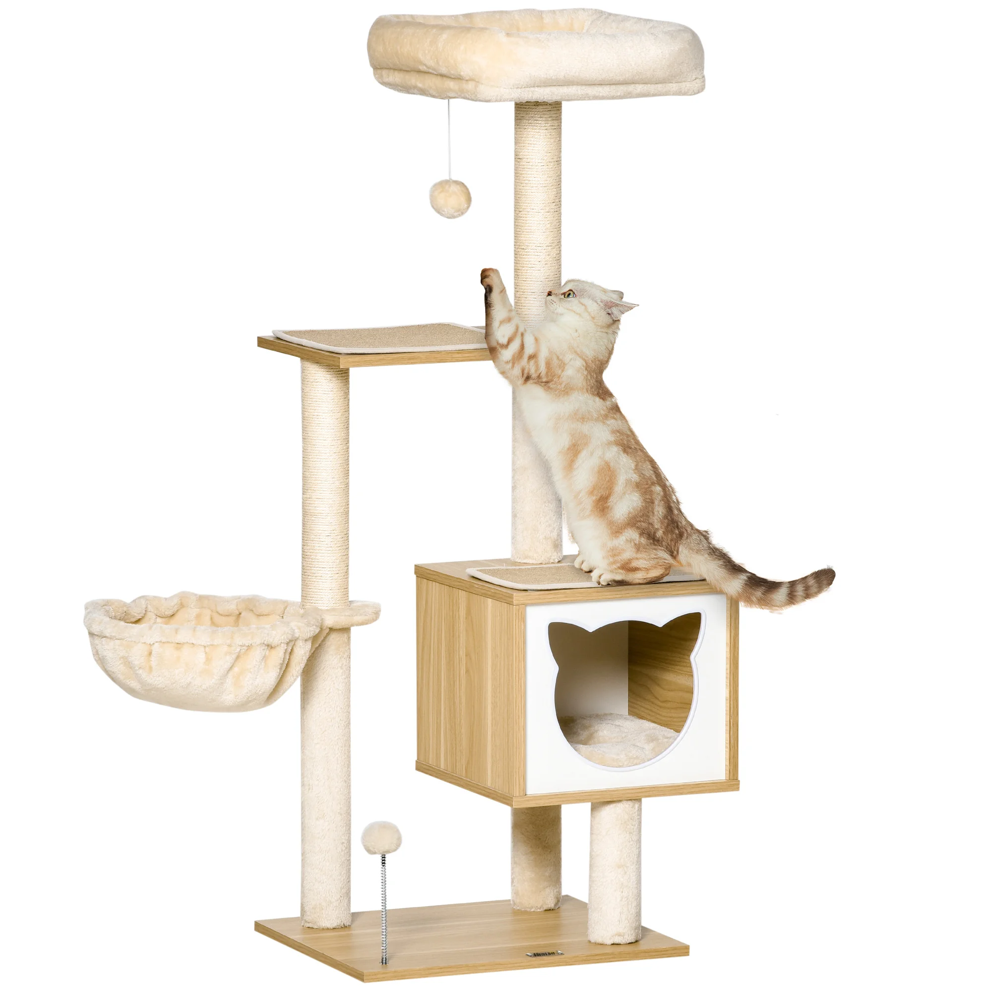 PawHut cat scraper tree with platform height 126 cm cat climbing tower with hammock house bed Sisal posts and play balls 48x40x126 cm Beige