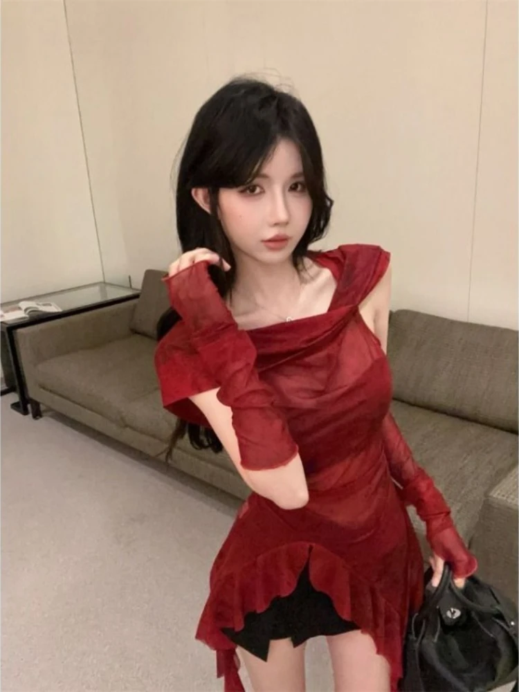 Y2k الكشكشة المرقعة هوديي سترة تي شيرت للنساء خمر الأحمر قاع القمم Mujer مثير غير النظامية سليم صالح