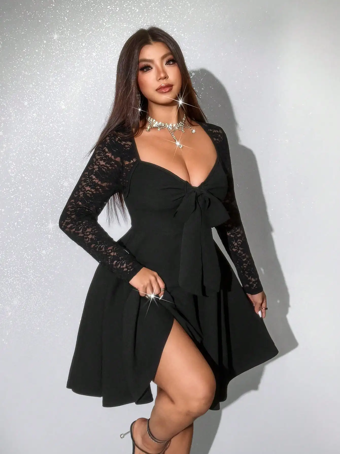 

Черное кружевное мини-платье А-силуэта с рукавами и бантом спереди для вечера или вечеринки