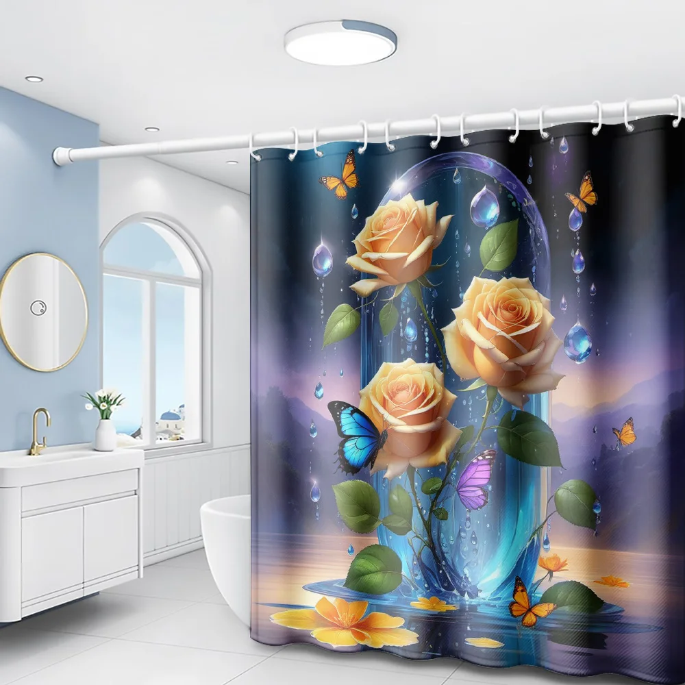 1pc of Orange Rose Butterfly Water Drop Transparent Cover Shower Curtain with Surface Reflection Print, Modern Art Style Bathroo