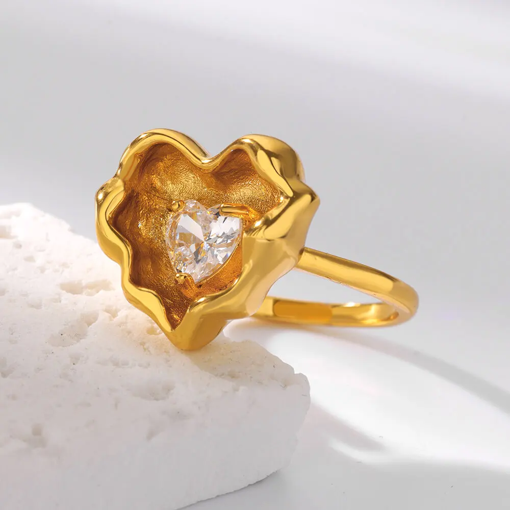 Gold Color Stainless Steel Geometric Rings for Women Zircon Heart Sun Moon Open Ring Fashion Aesthetic Jewelry Wedding Gift
