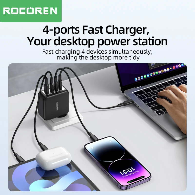 Rocoren GaN PD 100W QC 4.0 3.0 Fast Charger USB Type C Quick Charging Desktop Charge For iPhone 15 14 Plus Pro Max iPad Macbook