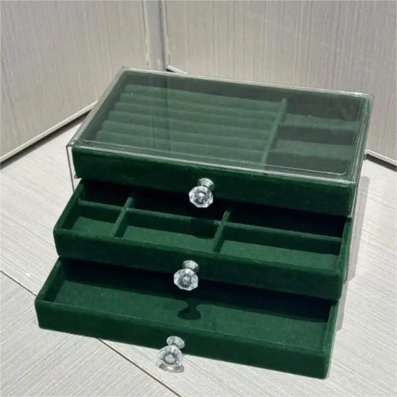 1pc Three-layer Velvet Jewelry Box Transparent Drawer Type Earring Bracelet Organizer Display Box Jewelry Diy Storage Box