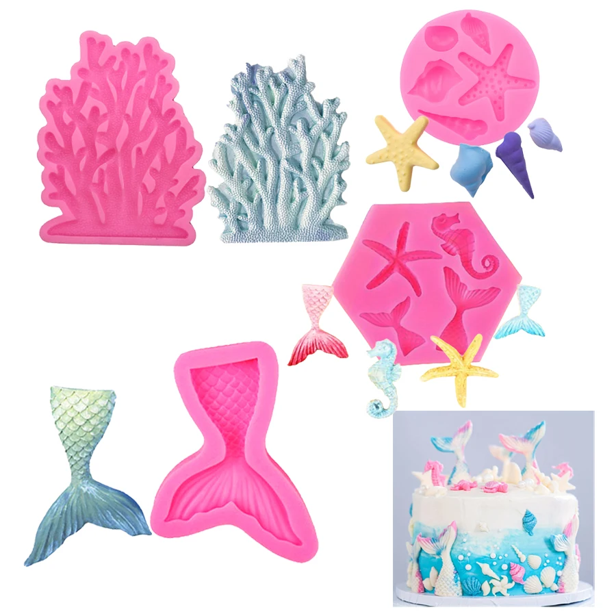 Seagrass, fish tail, seahorse, starfish, conch shells, DIY cake, chocolate flipping, sugar dropping, baking, decorative mold, si