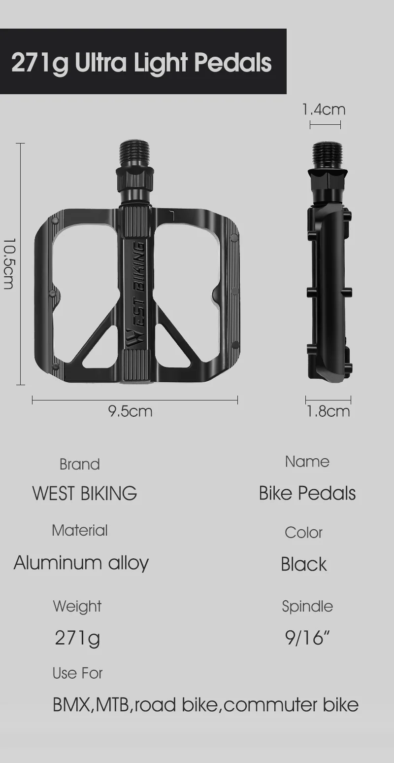 WEST BIKING Aluminium-Fahrradpedale Ultraleicht mit DU-Lager Mini Flache Plattform für Rennrad, Faltrad und Citybike Fahrradteile Schwarz Rutschfest – Detail 2