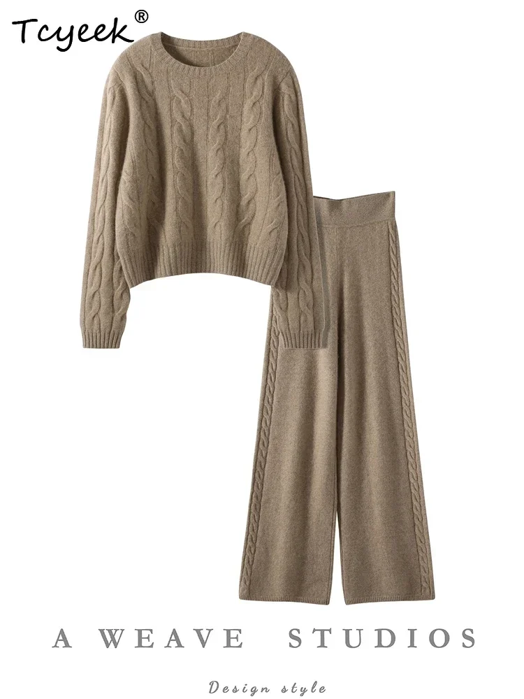 Autumn Winter Women Sweater Set 100% Cashmere Suite Big Twist Flower Pullover Straight Pants Trousers Famous Brand Clothing Knit