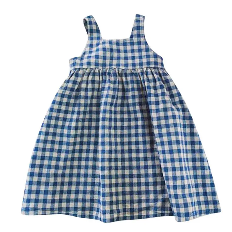 Summer New Girls Sweet Blue Plaid Dress Cotton And Linen Children\'s Cute Bow Tie Sleeveless Halter Suspenders Dresses 3-8Years