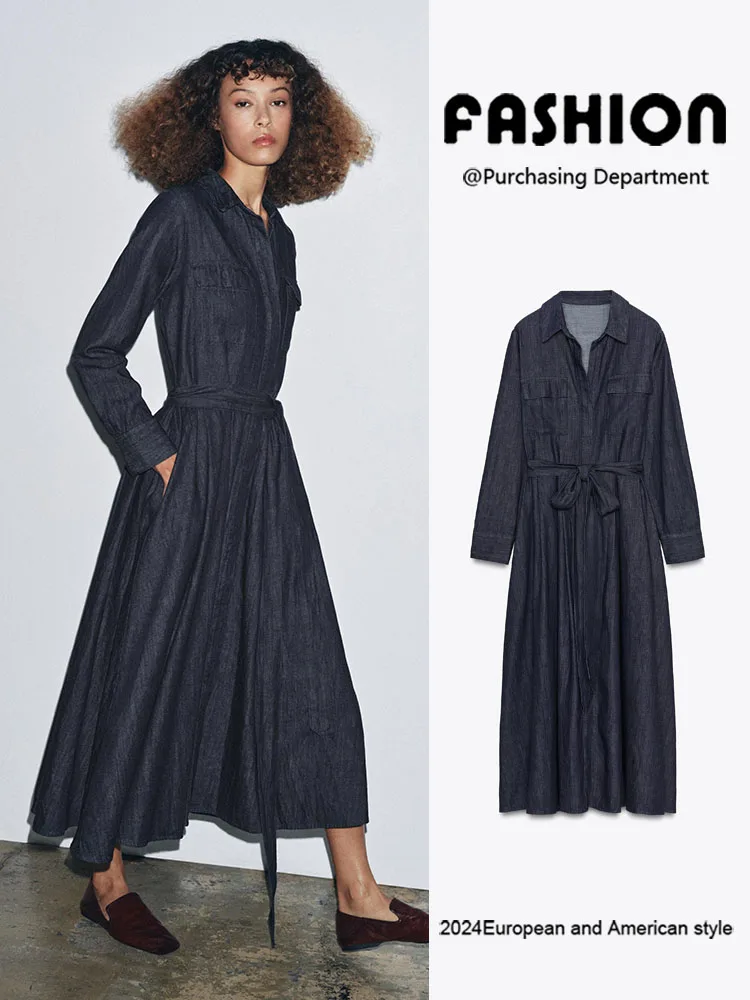 

Fall New Arrival Women's Slimming Long Sve Collared Denim Dr with Belt Ele Faionable Chinese Ethnic Sle Gown