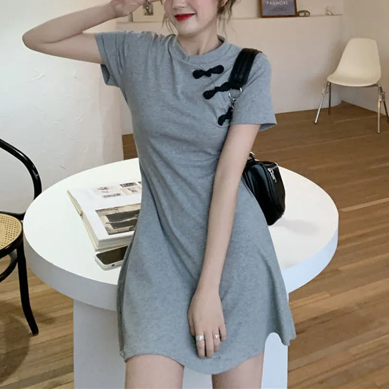 Mini abito Aura con fibbia a disco cinese Abbigliamento femminile Colletto alla coreana vintage Abiti estivi eleganti in tinta unita con vita a trapezio