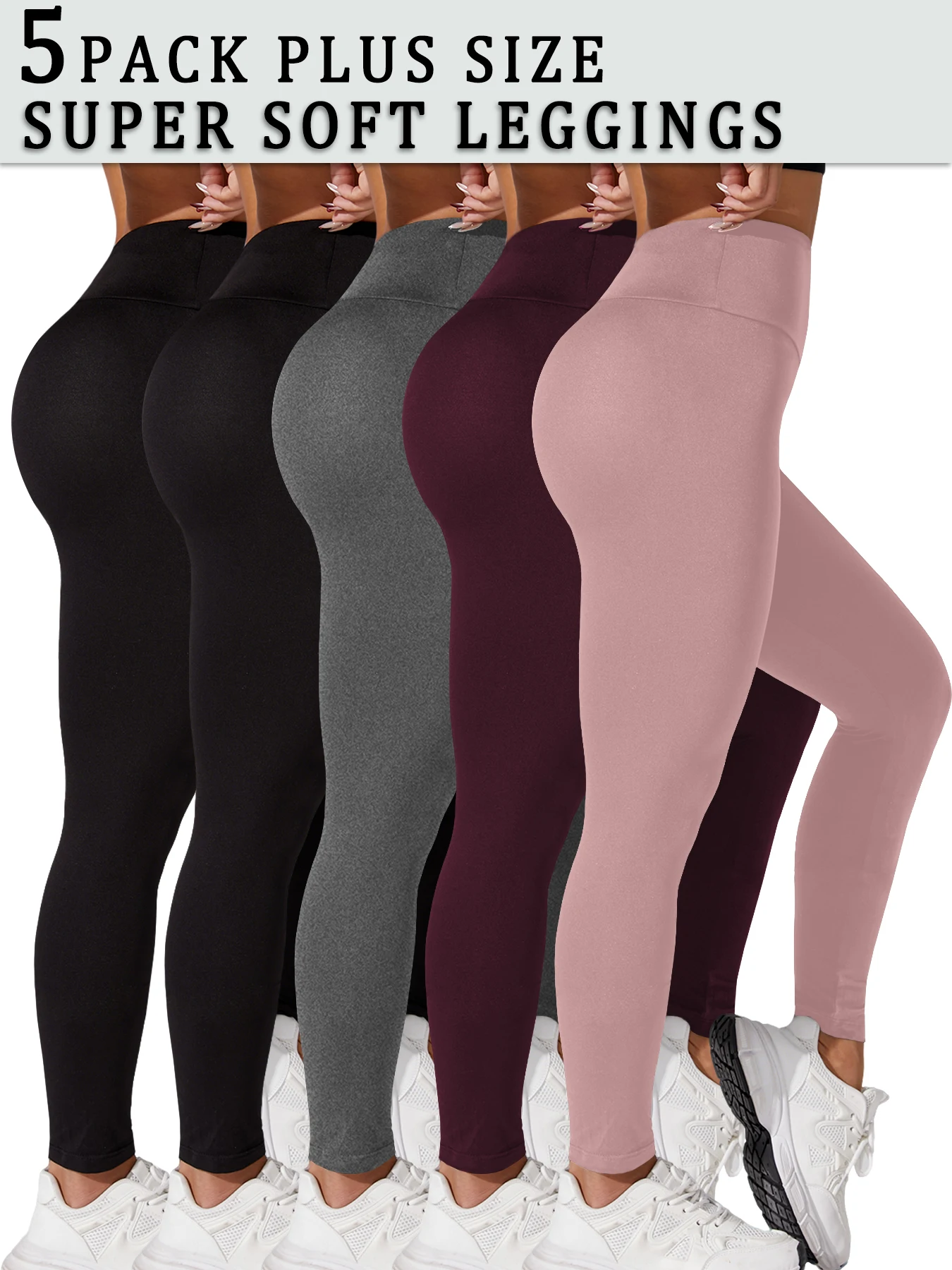 

5 Pack Plus Size Super Soft Leggings for Women, High Waisted Tummy Control No See Through Workout Yoga Running Pants Leggings