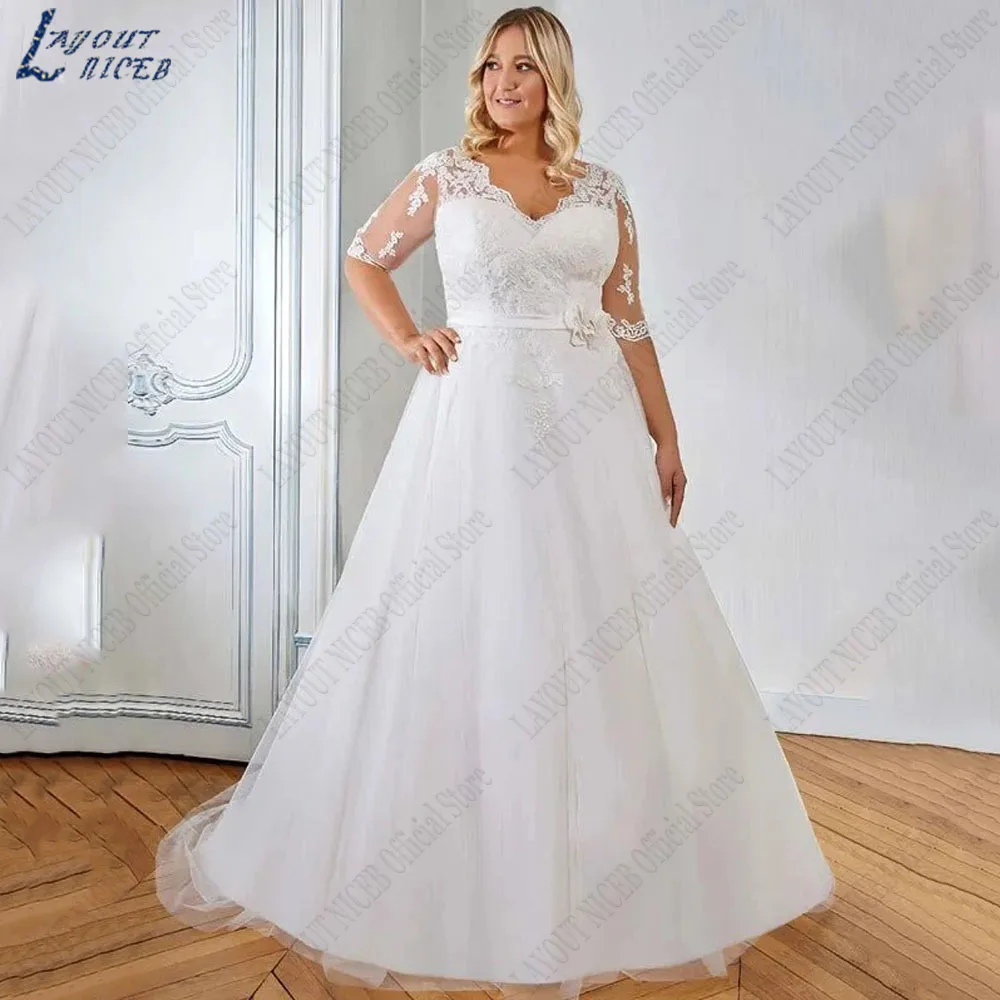 

LAYOUT NICEB Half Sleeves Oversize Wedding Dresses A-Line V-Neck Appliques Tulle Modern Bride Gowns Backless Lace Up Customized