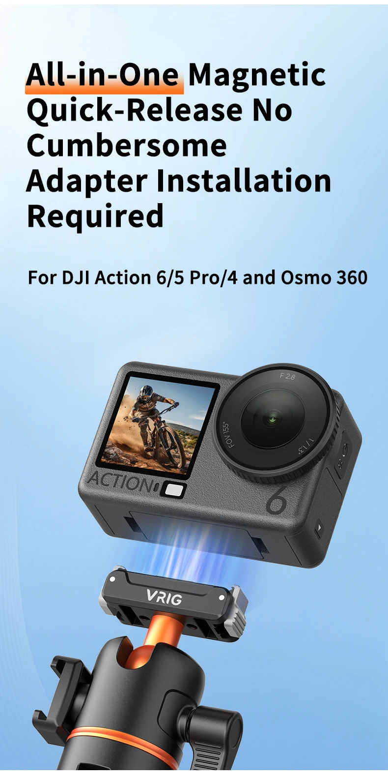 VRIG Magnetisches Stativ-Selfie-Stick-Stativ mit 360°-Kugelkopf und Cold Shoe für DJI Osmo Action 6 5 Pro 4 3 Action-Kamera-Zubehör – Detail 6