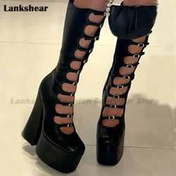 Multi Buckle Straps Strappy Platform Boots Women Black Chunky Heel Pumps Female Punk Knee High Boots Party Fashion Botas Mujer