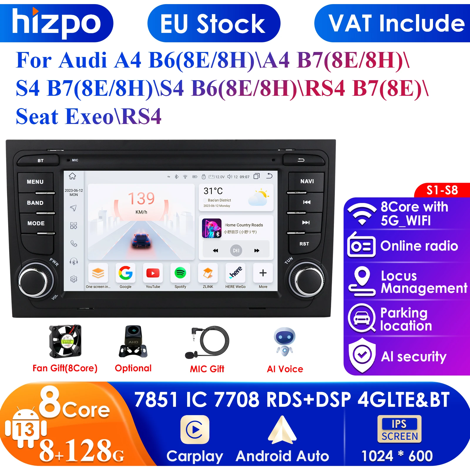 4G-LTE Carplay 7inch Android Car Radio GPS for Audi A4 B9 B8 B7 B6 S4 RS4 SEAT Exeo Multimedia RDS 2din Autoradio Stereo Video