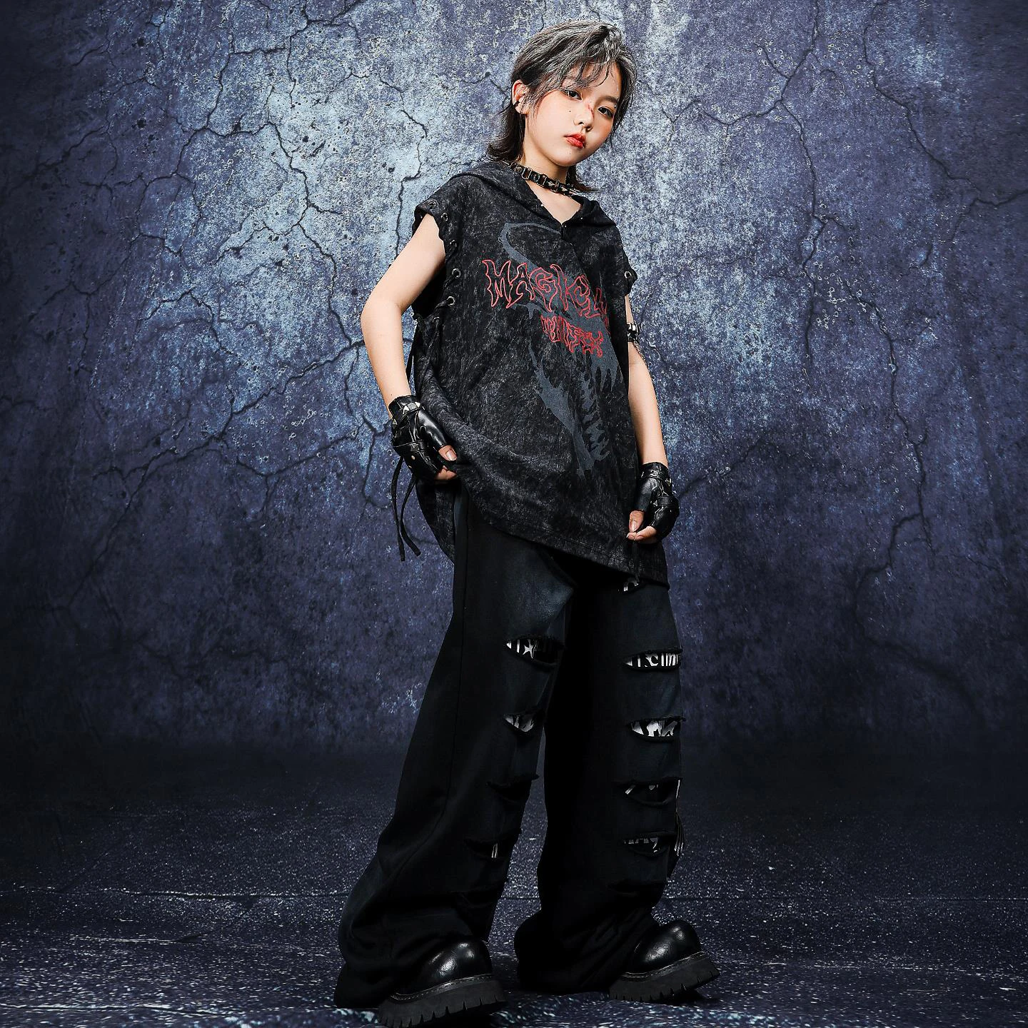 Jungen Punk Hip Hop Dance Kostüm Schwarz Mit Kapuze Tops Lose Hosen Teenager Straße Tanzen Leistung Kleidung Bühne Tragen BL16663