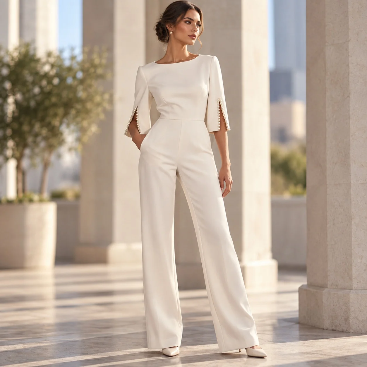 Long Pants Straight Leg Pants Straight Fit Commuter Style with Beaded Decoration Elegant Full Length Summer Women Jumpsuit