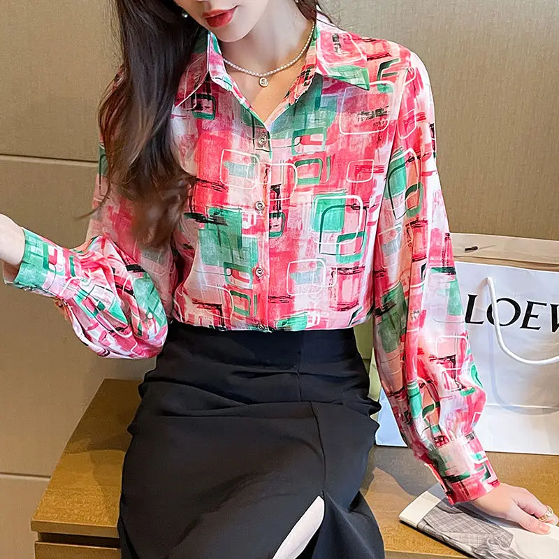 

Spring Autumn Turn-down Collar Women's Button Lantern Long Sleeve Contrast Color Geometric Cardigan Shirt Printing Casual Tops