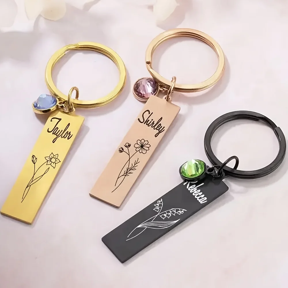 

Valentine's Day Women's Custom Name Keyring Rectangular Carving December Flower and Birthday Stone Personalized Birthday Gift