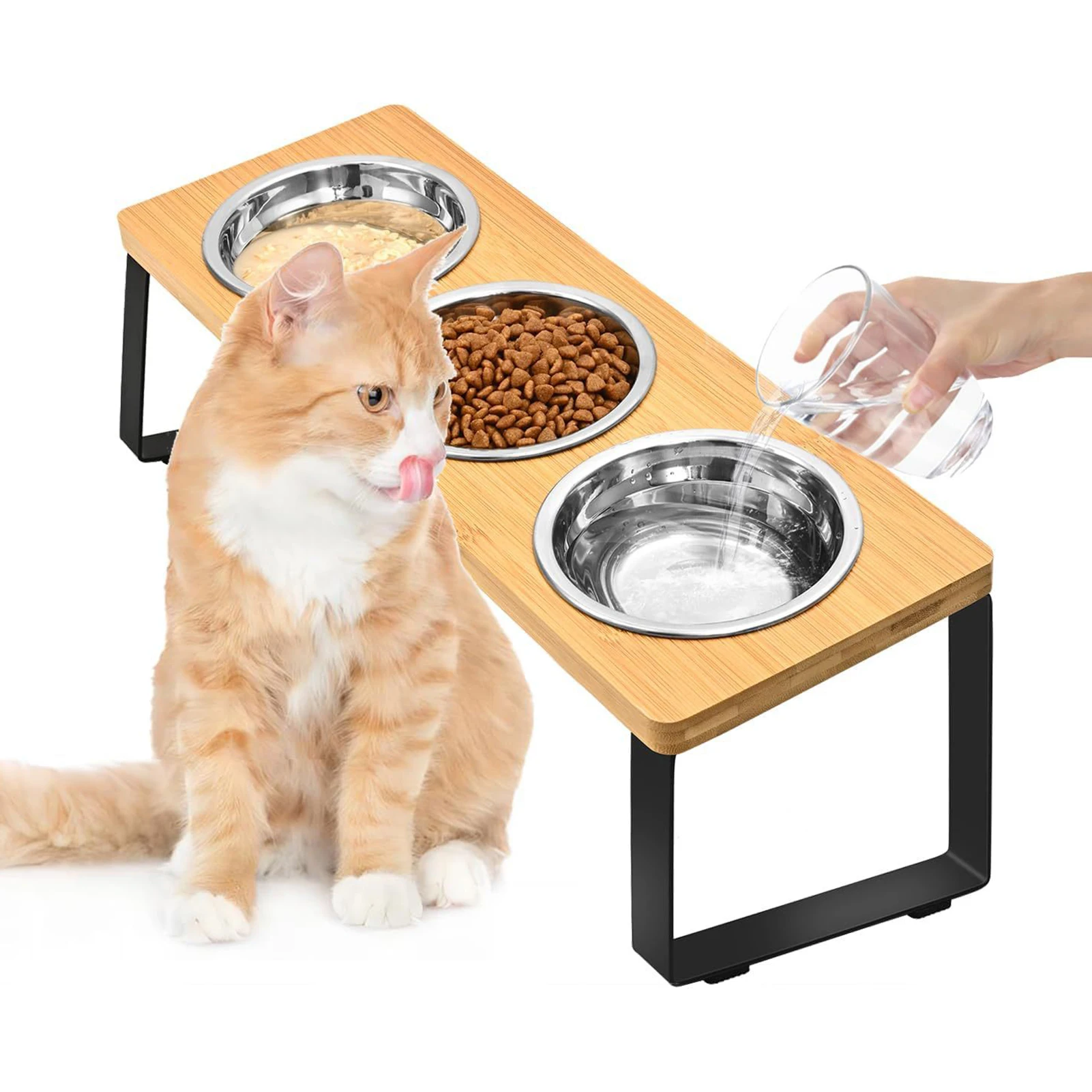 Pet Food Bowl Feeder Rack Elevated Wooden Feeder Rack with 3 Stainless Steel Bowls for Small to Medium Cats Dogs for Pet