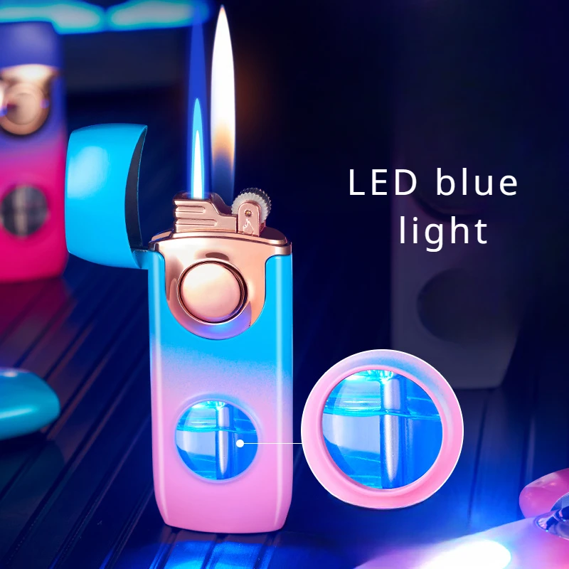 Blue LED  Lighter Transparent Gas Tank Dual Fire Switching Inflatable Lighter Grinding Wheel Windproof Lighter Smoke Accesoires