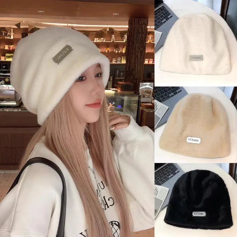 White Black Plush Beanies Hats For Women Winter Warm Solid Baggy Fleece Wool Skullies Hat Outdoor Thicken Caps Female Gorros