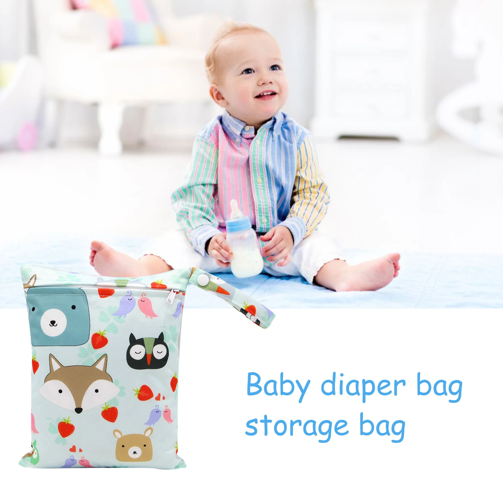 Baby Diaper Bag Cartoon Print Waterproof Wet Dry Nappy Zipper Handbag Stroller Carry Pack Travel Outdoor Wet Diaper Storage Bags