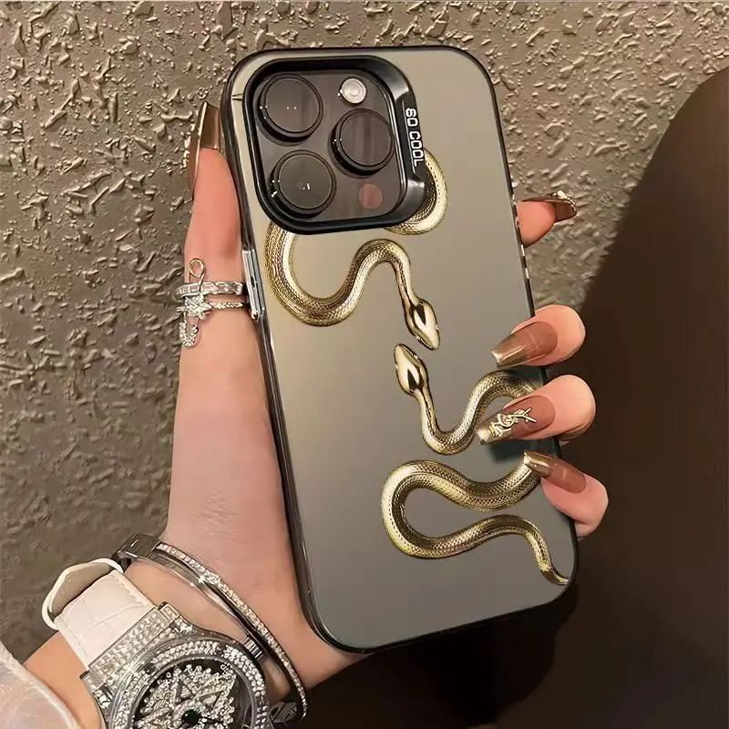 Creative Luxury Gold Snake For iPhone 16 15 14 13 12 11 ProMax XS Max XR 7 8 Plus Phone Case Shockproof Soft Silicone Back Cover