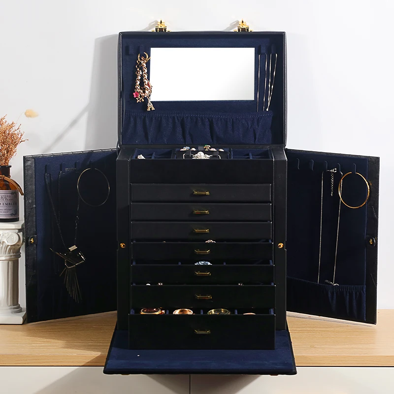 Large Capacity PU Jewelry Organizer Box Mirrored with Security Code Lock Jewelry Storage Display Collection for Birthday
